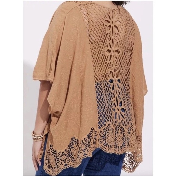 Torrid Crochet Embroidered Ruana with Sleeves Camel Kimono Coverup Size O/S - Picture 2 of 11